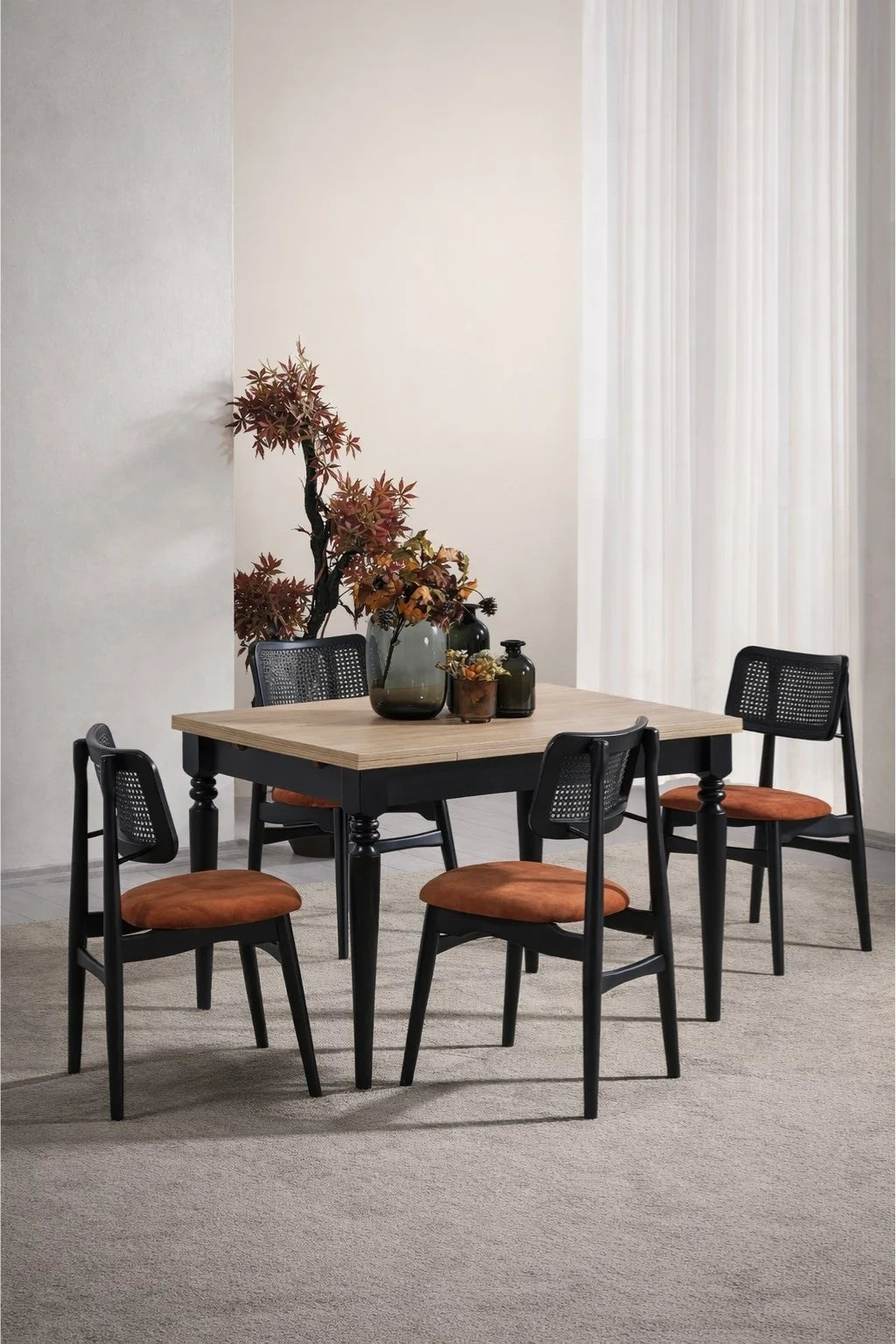 Giza Siyah Çizilmez Açılır 120x80 Yemek Masası Takımı | A2Decor