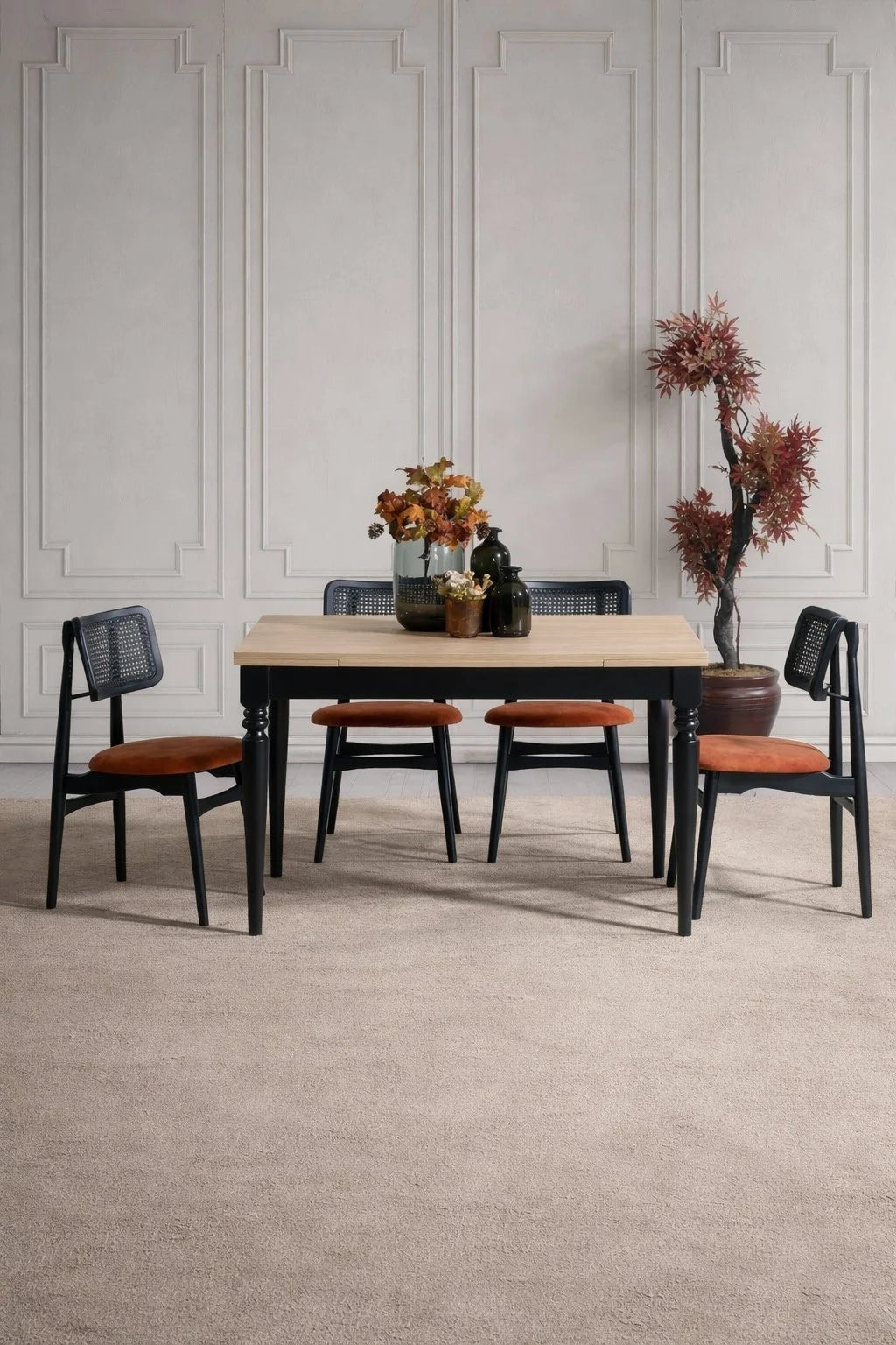 Giza Siyah Çizilmez Açılır 120x80 Yemek Masası Takımı | A2Decor