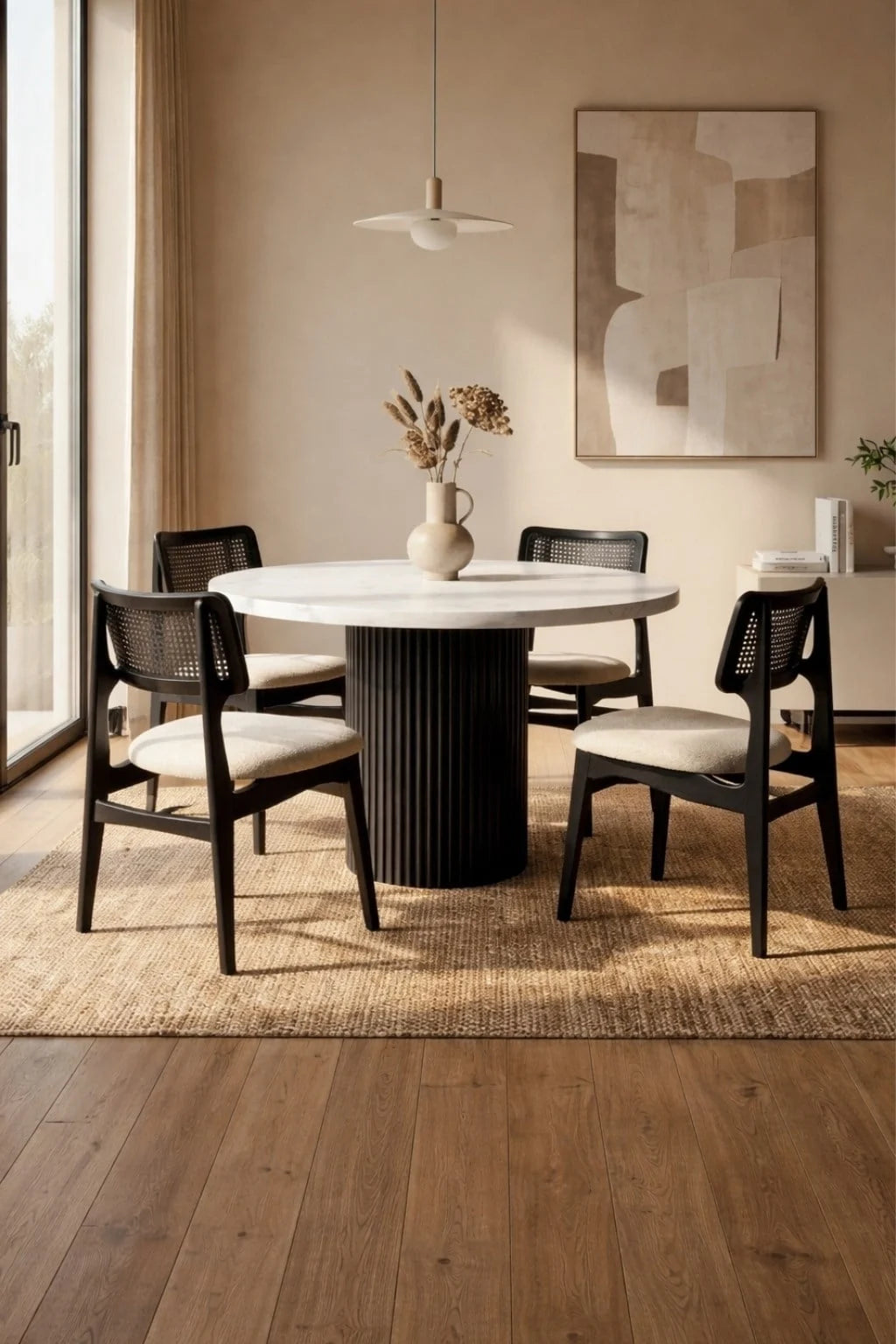 Merlin 100x100 Yuvarlak Beyaz Tabla Ahşap Yemek Masası Takımı | A2Decor